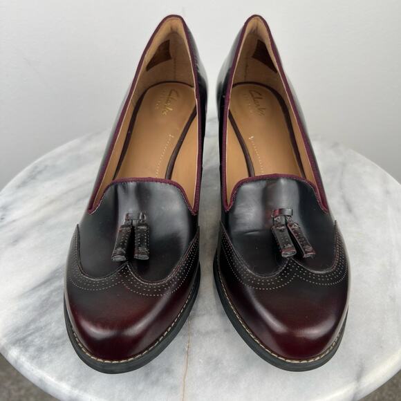 Clarks Artisan Tarah Deep Burgundy Leather Pump Tassel Block Heel Loafer (8.5) - Picture 7 of 12